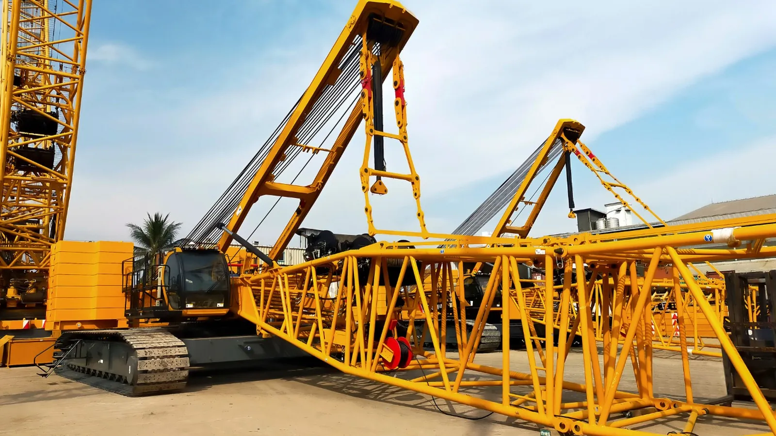 Crawler crane positioned in an inspection yard before sale and technical review