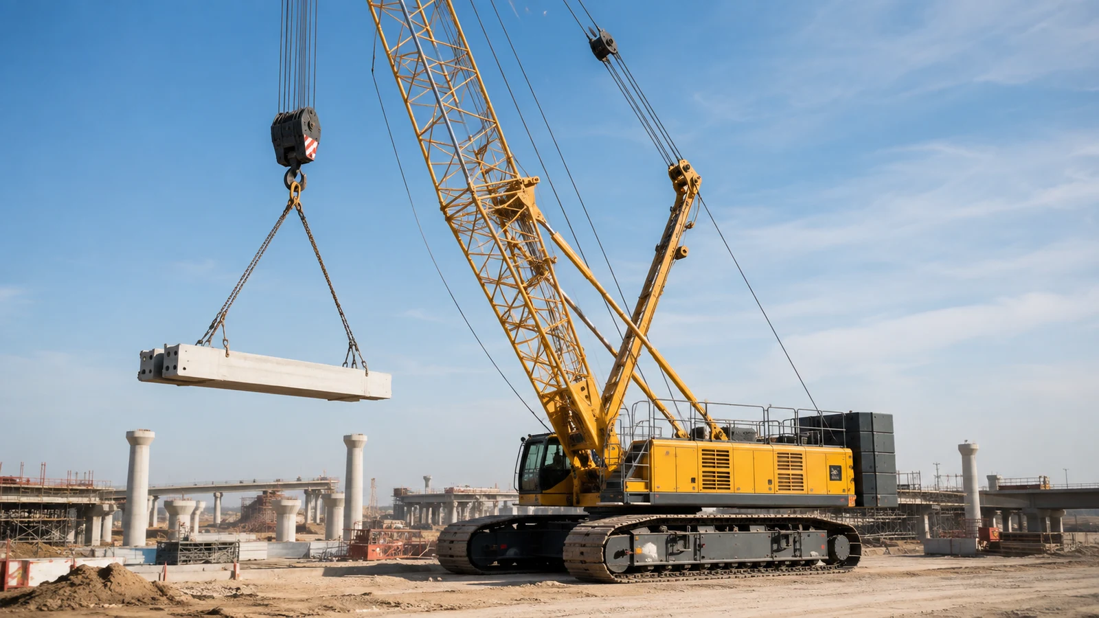 Crawler crane lifting a long concrete beam on an infrastructure project site