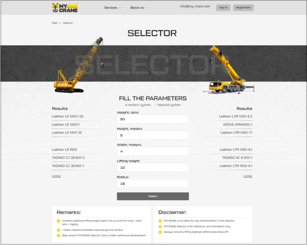 Figure 17: MYCRANE Selector results