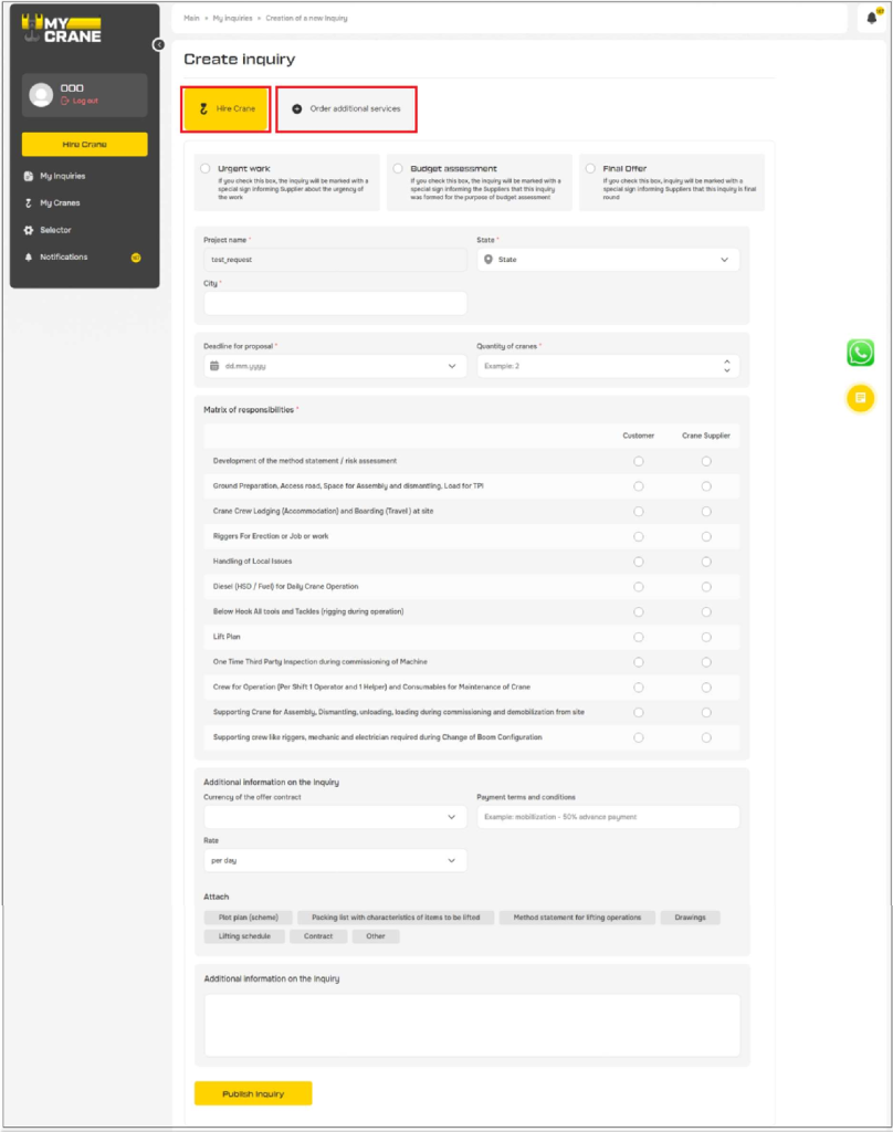 Figure 6: Hire crane OR order additional services