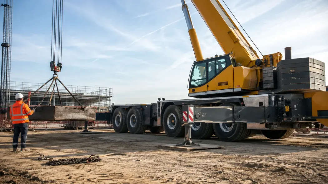 Mobile crane with outriggers set and rigging in place during a controlled lifting operation